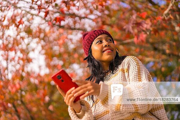 Asiatisches Mädchen im Herbst mit einem Handy  das eine Nachricht in einem Wald aus roten Blättern schreibt  Technik