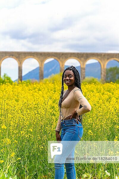 Lächelndes  schwarzes ethnisches Mädchen mit Zöpfen  Reisende  in einem gelben Blumenfeld