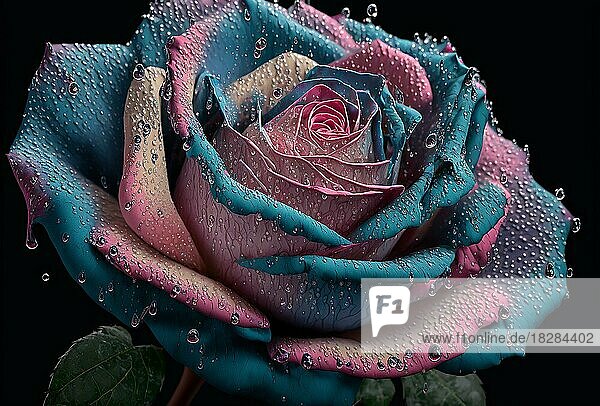 Kopf der blauen und rosa Rose in Regentropfen bedeckt. Ai generierte Kunst