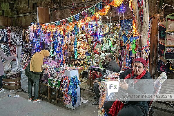 Sale Decoration material  fairy lights for Ramadan  Khan el-Khalili bazaar  Old City  Cairo  Egypt  Africa