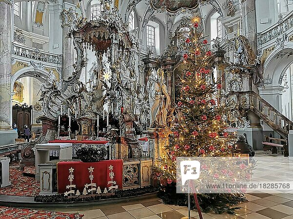 Weihnachtsdekoration in der Wallfahrtskirche Basilika Vierzehnheiligen bei Bad Staffelstein  Landkreis Lichtenfels  Oberfranken  Bayern  Deutschland  Europa