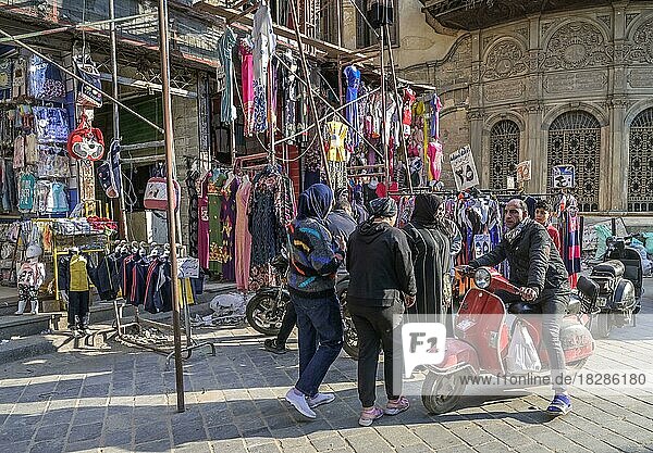 Street scene  textile shop  Khan el-Khalili bazaar  Old Town  Cairo  Egypt  Africa