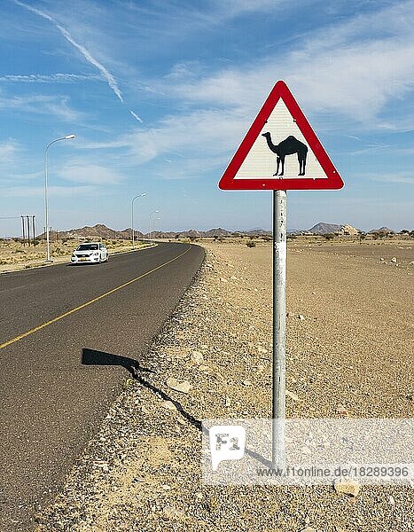 Straßenschild mit Kamelwarnung  Oman  Asien