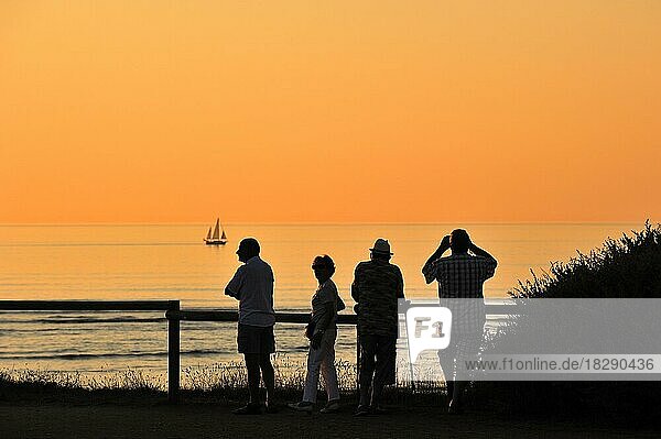 Touristen betrachten ein Segelschiff bei Sonnenuntergang in Saint-Denis-d'Oléron auf der Insel Ile d'Oléron  Charente-Maritime  Frankreich  Europa