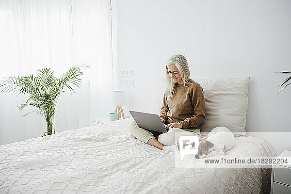 Lächelnde reife Frau benutzt Laptop mit Hund zu Hause im Bett