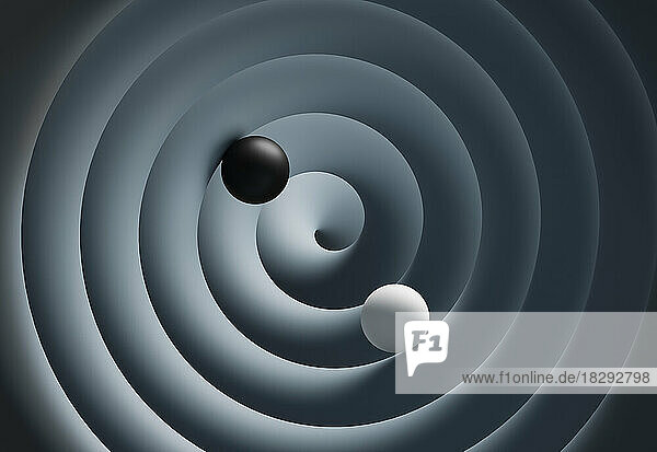 Three dimensional render of two spheres rolling down spiral