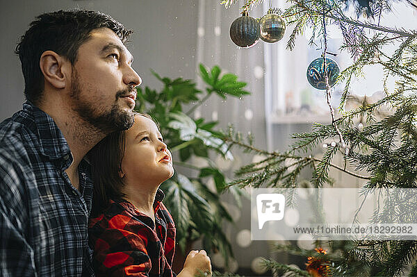 Vater und Sohn betrachten den geschmückten Weihnachtsbaum