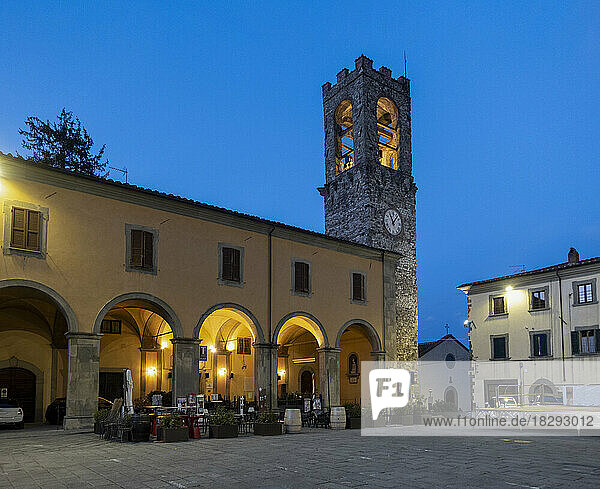 Historical landmark by clock tower in town of Bibbiena