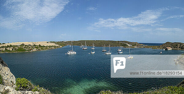 Spain  Balearic Islands  Mahon  Panoramic view of sailboats in bay