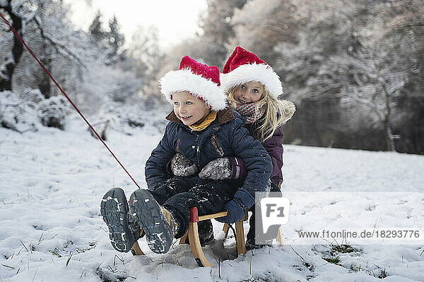 Smiling brother and sister sitting on sled in snow