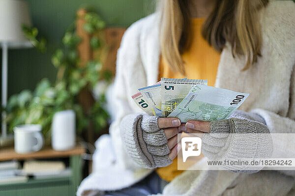 Hands of woman holding currency at home