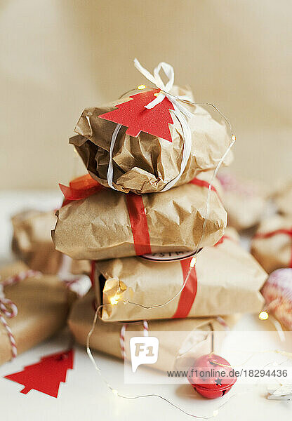 Stack of wrapped Christmas presents