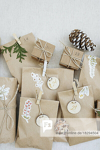 Decorated paper bags kept with pine cones on carpet