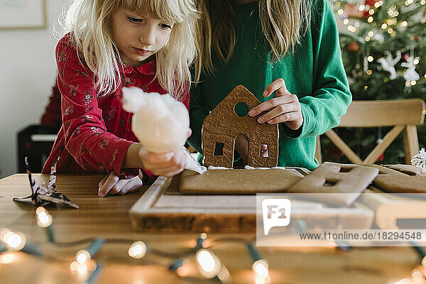Sisters decorating gingerbread house at home