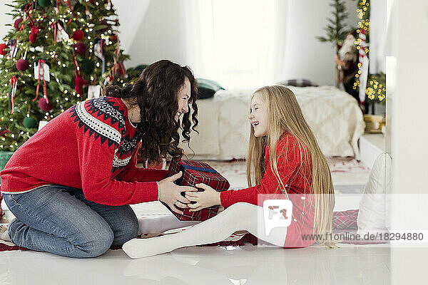 Happy mother giving Christmas gift to daughter