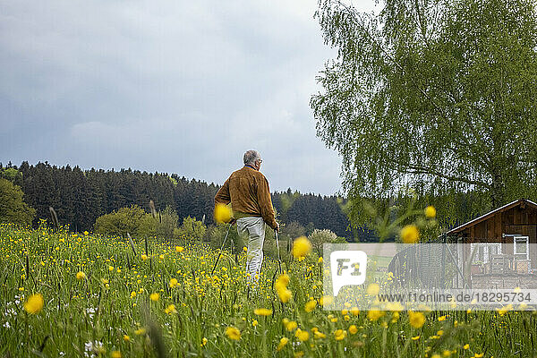 Senior man standing amidst yellow flowers on meadow under sky