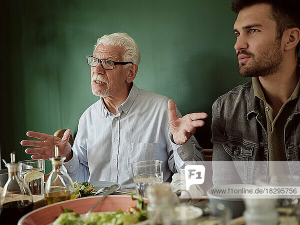 White-haired man sitting awith adukt son at lunch table gesturing