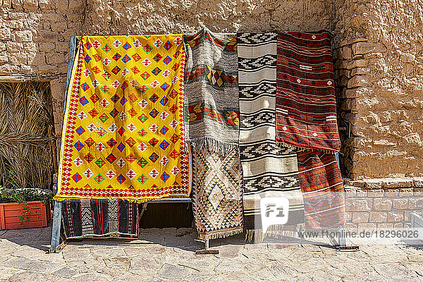 Saudi Arabia  Al-Ula  Arabic rugs hanging outdoors