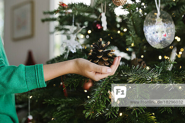 Girl holding pine cone near Christmas tree at home