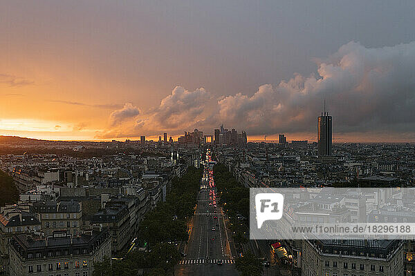 France  Ile-de-France  Paris  City street seen from top of Arc de Triomphe at sunset
