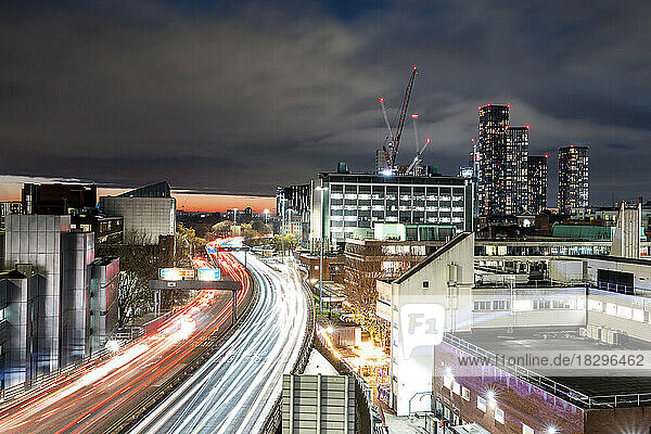 UK  England  Manchester  Long exposure of city traffic at night