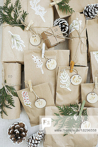 Decorated paper bags for advent calendar