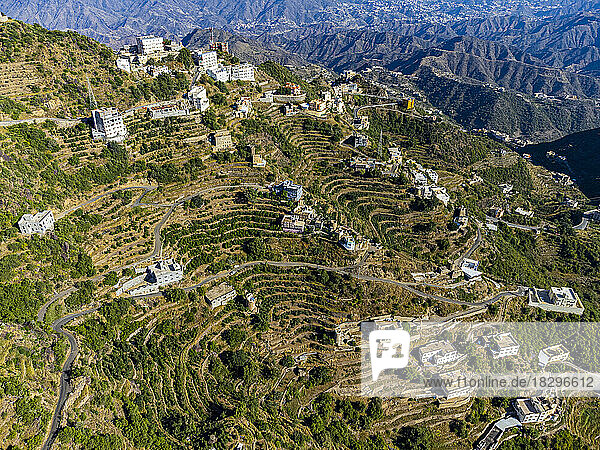 Saudi Arabia  Jazan Province  Faifa  Aerial view of terraced fields in Faifa Mountains