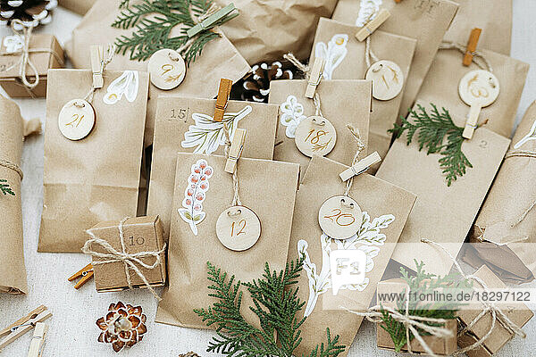 Brown paper bags with numbered Labels prepared for advent calendar