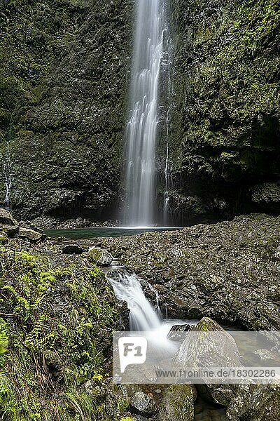 Wasserfall an einer steilen Felswand  Levada do Caldeirão Verde  Parque Florestal das Queimadas  Madeira  Portugal  Europa