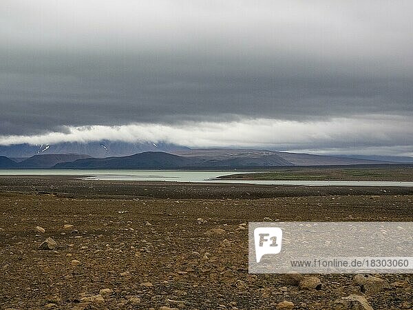 Glacial lake and barren volcanic landscape  view from road F35  Kjalvegur  Kjölur  Highlands  Iceland  Europe