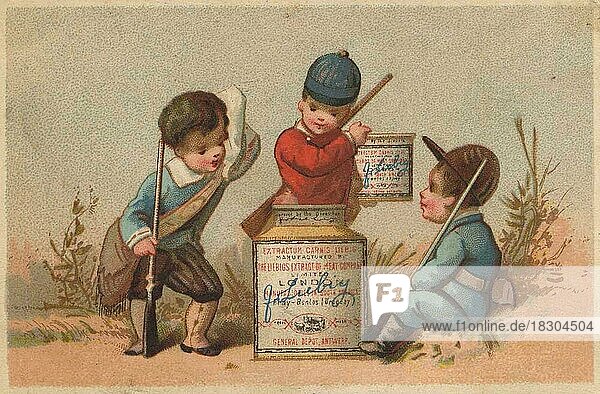 Serie Genrebilder 2 (1873 bis 1878) (Paris) Kinder spielen mit einem Liebig Glas  drei Jäger mit dem Liebigtopf  Liebigbild  historisch  digital restaurierte Reproduktion eines Sammelbildes von ca 1900