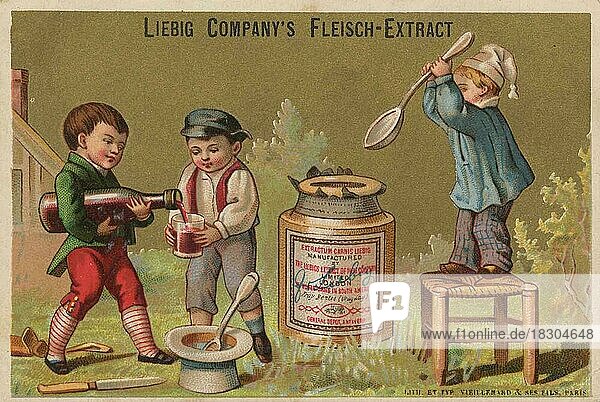 Bilderserie Bauerngeschichte  1883  Paris  drei Jungen haben einen Liebigtopf und feiern  Liebigbild  historisch  digital restaurierte Reproduktion eines Sammelbildes von ca 1900