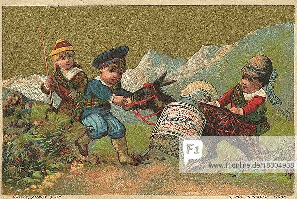 Serie Genrebilder 3 (1873 bis 1878) (Paris) Kinder transportieren ein Liebig Glas auf einem störrischen Esel  Maultier im Gebirge  Liebigbild  historisch  digital restaurierte Reproduktion eines Sammelbildes von ca 1900