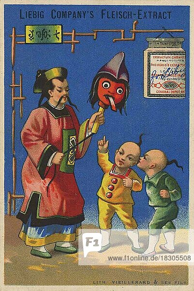Bilderserie Chinesen II  1883  Paris  Mann mit Maske und zwei Kindern  Liebigbild  historisch  digital restaurierte Reproduktion eines Sammelbildes von ca 1900