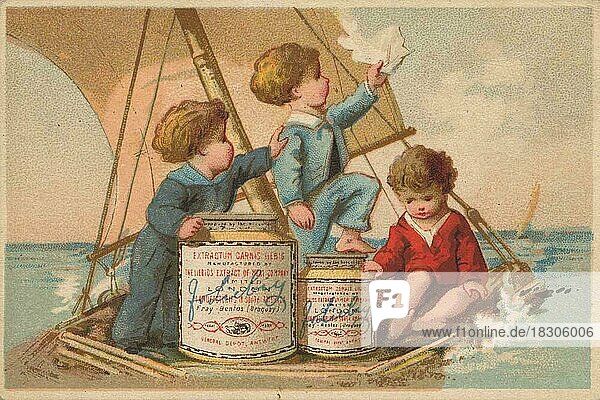 Serie Genrebilder 2 (1873 bis 1878) (Paris) Schiffbrüchige Kinder auf einem notdürftigen Floß mit einem Liebig Glas  drei Kinder auf Segelfloß  Liebigbild  historisch  digital restaurierte Reproduktion eines Sammelbildes von ca 1900