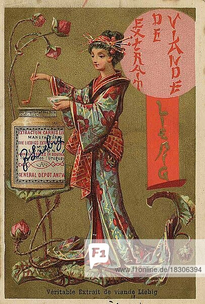 Bilderserie Japaner  1878  Paris  Frau füllt Schüssel mit Suppe  Liebigbild  historisch  digital restaurierte Reproduktion eines Sammelbildes von ca 1900