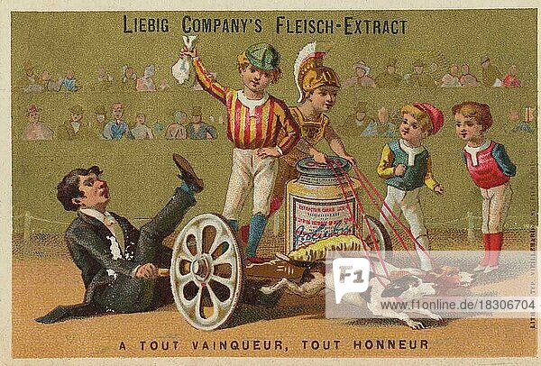 Bilderserie Hindernisrennen  dummer August  1883  Paris  dem Sieger alle Ehre  Liebigbild  historisch  digital restaurierte Reproduktion eines Sammelbildes von ca 1900
