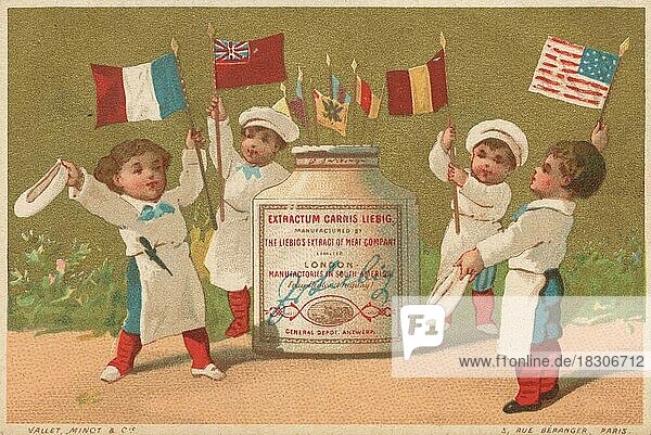Serie Genrebilder 4 (1873 bis 1878) (Paris) Liebig Glas symbolisch als internationales Produkt  Kinder  vier Köche mit Fahnen  Liebigbild  historisch  digital restaurierte Reproduktion eines Sammelbildes von ca 1900