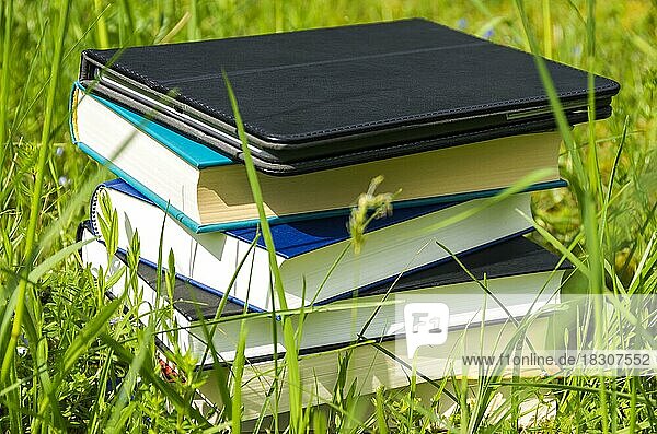 Haufen verschiedener Bücher und Tablet im frischen grünen Gras