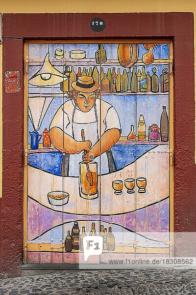 Mural  Colourful painted door  Restaurant  Funchal  Madeira  Portugal  Europe