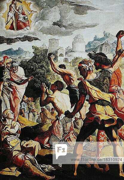 The stoning of St. Stephen  Stephen is the first person of whom it is handed down that he was killed because of his confession of Jesus Christ. He is thus regarded as the first martyr or arch-martyr  painting by Jan von Scorel  Historical  digitally restored reproduction of an original from the 19th century  exact original date unknown