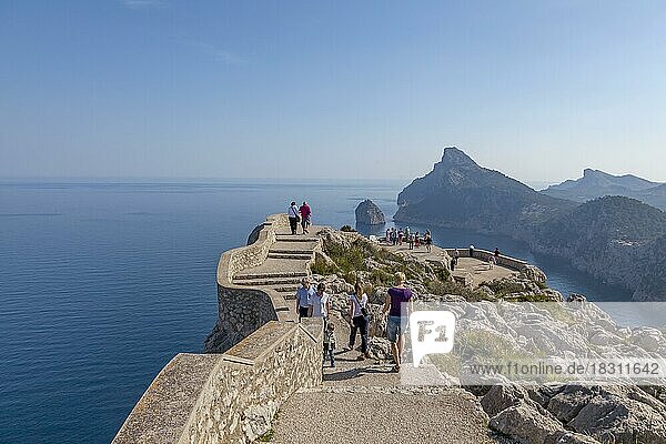 Tourists at the viewpoint Mirador des Colomer  Tramuntana Mountains  Majorca  Balearic Islands  Spain  Europe