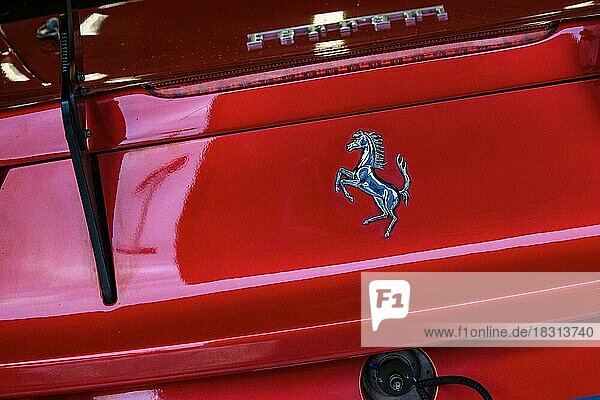 Ferrari Emblem Logo Markenzeichen sich aufbäumendes Pferd Cavallino Rampante auf Heck von roter italienischer Sportwagen Ferrari 458 Challenge  Spa Francorchamps  Belgien  Europa