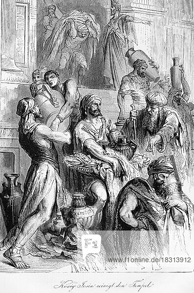 King Joshua cleansing the temple  many people  working  cleaning up  transporting  carrying  vessels  Bible  Old Testament  Second Book of Chronicles  historical illustration circa 1850
