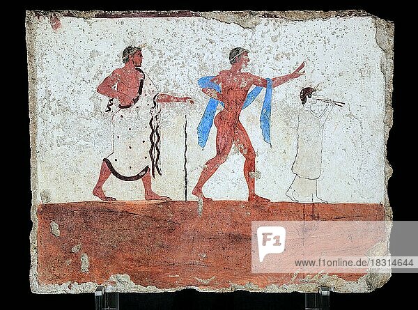 Tomba del Tuffatore  Grab des Tauchers  480 v. Chr. Innenbemalung der Querseite  ein auf einen Stock gestützter Mann  ein tanzender Jüngling und eine weißgekleidete Flötespielerin