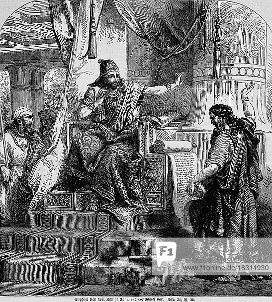 Saphan reads the Book of the Law to the King (Josiah)  scribe  speak  Hilkiah  priest  book  read  interior  throne  sit  men  steps  Bible  Old Testament  Second Book of Chronicles  chapter 34  verse 18  historical illustration c. 1850