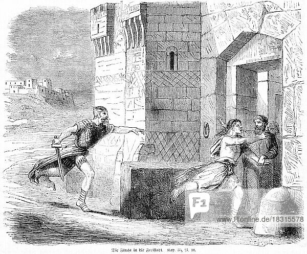 The flight to the free city  Orient  flee  city gate  soldier  run  sword  freedom  Bible  Old Testament  Book 4 of Moses  Chapter 35  Verse 11  historical illustration c. 1850