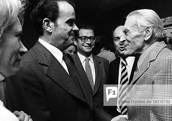 The visit of the head of the French Communist Party  Georges Marchais  to the German communists of the DKP in Essen on 20 October 1973. Max Reimann (KPD) N. N. Georges Marchais (KPF) N. von r  Germany  Europe