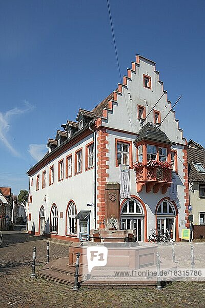 Rathaus mit Stufengiebel und Brunnen am Marktplatz  Windecken  Nidderau  Wetterau  Hessen  Deutschland  Europa