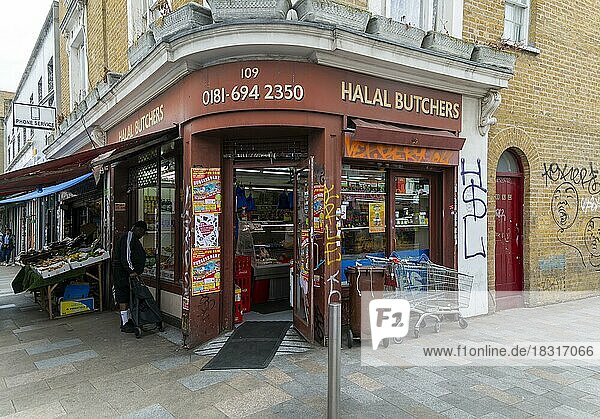 Halal butchers corner shop  Deptford High Street  London S8  England  UK